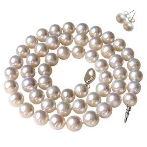 ROUND Pearl Necklace Earrings Set 16 Inch 18 Inch 20 Inch  White Pearl Jewelry for Women Sterling Silver Clasp Cultured Freshwater