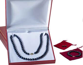 24 "30" 36-Zoll-runde Perlen-gesetzte schwarze Schmuck-Halsketten-Armband-Bolzen-Ohrringe für Frauen Männer kultivierte Süßwasserweihnachten