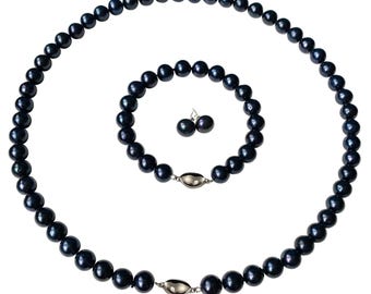 16 18 20 Inch ROUND Pearl Set Real Black Necklace Bracelet Stud Earrings for Women Jewelry Men Silver Cultured Freshwater Christmas