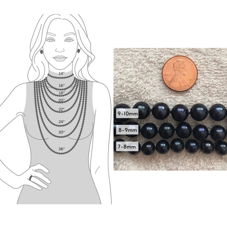 May include: Diagram showing necklace lengths from 14 to 36 inches, with a woman's neck as a reference. Next to it, three strands of dark gray pearl beads are displayed, with sizes ranging from 7-8mm to 9-10mm. A penny is included for size comparison.