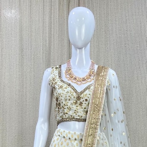 Off White Georgette Lehenga Choli: Indian Wedding Party Wear