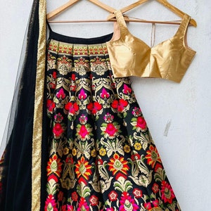 Black Banarasi Silk Lehenga with Gold Zari Weaving