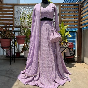 Lavender Chikankari Lehenga Choli Set: Viscose Georgette Indian Partywear