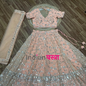 Peach Lehenga Choli Set: Zari Sequin Embroidery, South Asian Wedding Partywear