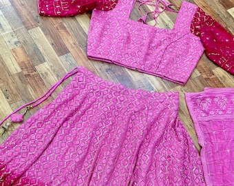 Pink designer lehenga choli for women or girls georgette indian wedding readymade lehenga skirt
