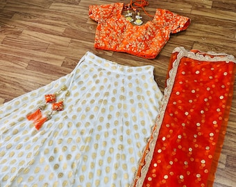 White Lehenga with Orange Blouse | Festive Lehenga Choli