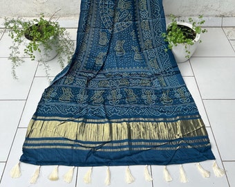 Teal Bandhani Gaji Silk Dupatta: Floral Print Indian Wedding Shawl