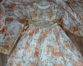 White Floral Lehenga Choli: Sequin Indian Wedding Lengha