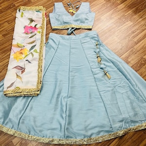 Made To Measure Powder Blue Lehenga Choli for Indian Pakistani Wedding Outfits, Ready to Wear Silk Partywear Lehengas for Women or Girls