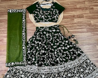Mehendi Green Georgette Lehenga Choli: Indian Wedding Designer Dress