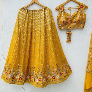 Mustard Yellow Lehenga Choli Set: Embroidered Georgette Indian Outfit