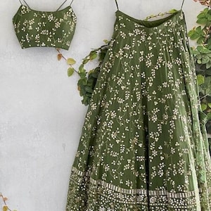 Mehendi zielona lehenga choli dla kobiet lub dziewcząt, gotowy do noszenia top z żorżety na indyjskie wesele