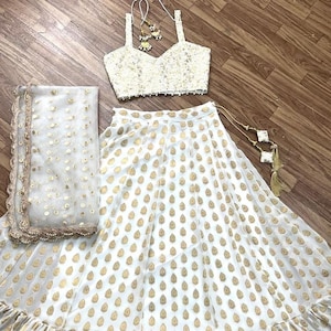 Ivory Georgette Lehenga Choli: Sequin Embellished Indian Wedding Outfit