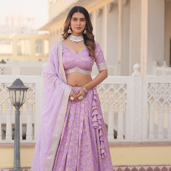 Lehenga Choli lavande mariage pour femme, prêt-à-porter aux États-Unis, tenues de soirée Lehenga pour filles, Lahanga sur mesure, tenues indiennes