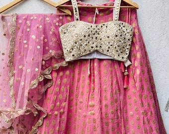 Pink Lehenga with Mirror Work Blouse | Party Wear