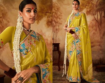 Kanjeevaram Silk Handloom Saree for Wedding, Yellow Manish Malhotra Wedding Saree, Indian Wedding Sarees, Silk Sari with Blouse