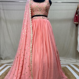Peach Georgette Lehenga Choli Set: Embroidered Indian Wedding Guest Outfit