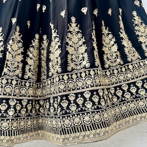 Navy Blue Georgette Partywear Lehenga Set + Antique Gold Flapover Handembroidered Clutch + White Choker Set With Pearls - Rent