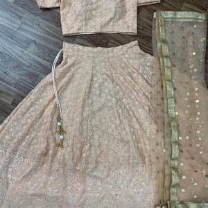 May include: A peach-colored Indian bridal outfit with a matching blouse, skirt, and sheer dupatta. The skirt and blouse are embroidered with gold sequins and the dupatta has gold sequins and a gold border.
