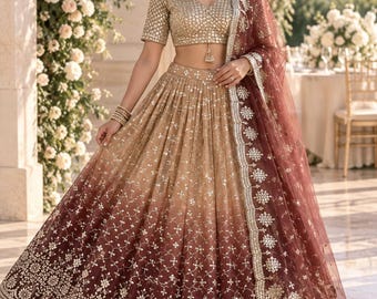 Sequin Embroidered Ombre Georgette Lehenga Choli: Made-to-Measure for Women