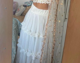 White Net Ruffle Lehenga Choli: Indian Wedding Party Wear