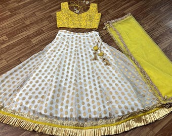 Yellow and White Designer Lehenga Choli: Ready to Wear Party Outfit for Women