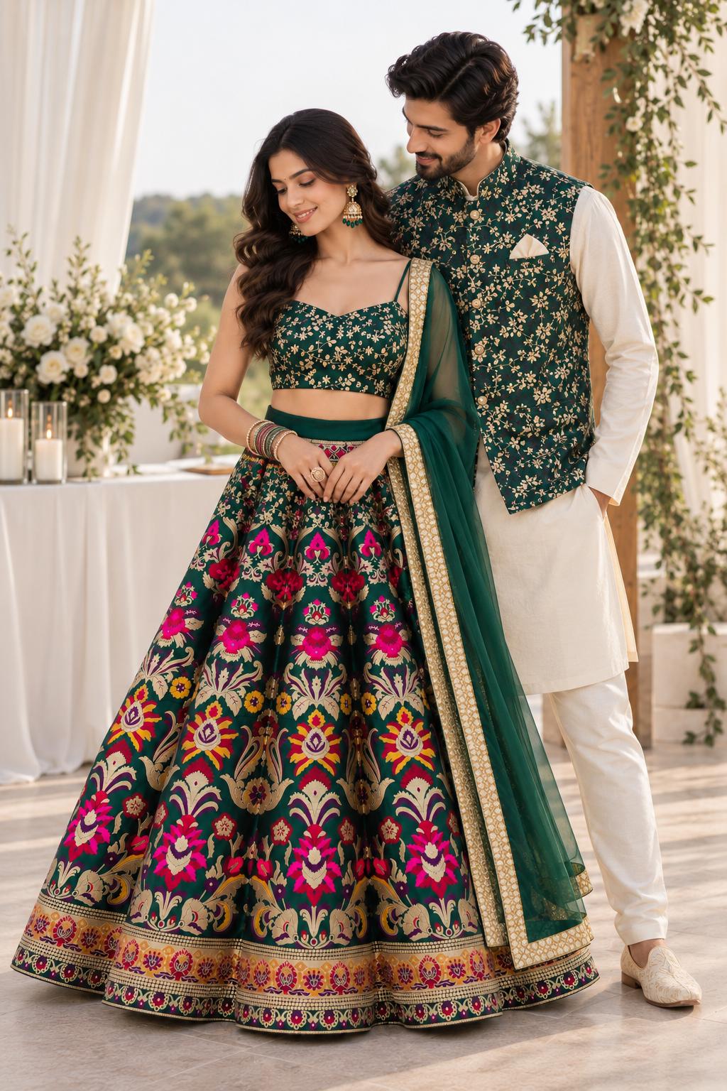 Green Banarasi Silk Lehenga Choli, Zari Woven Indian Wedding Outfit