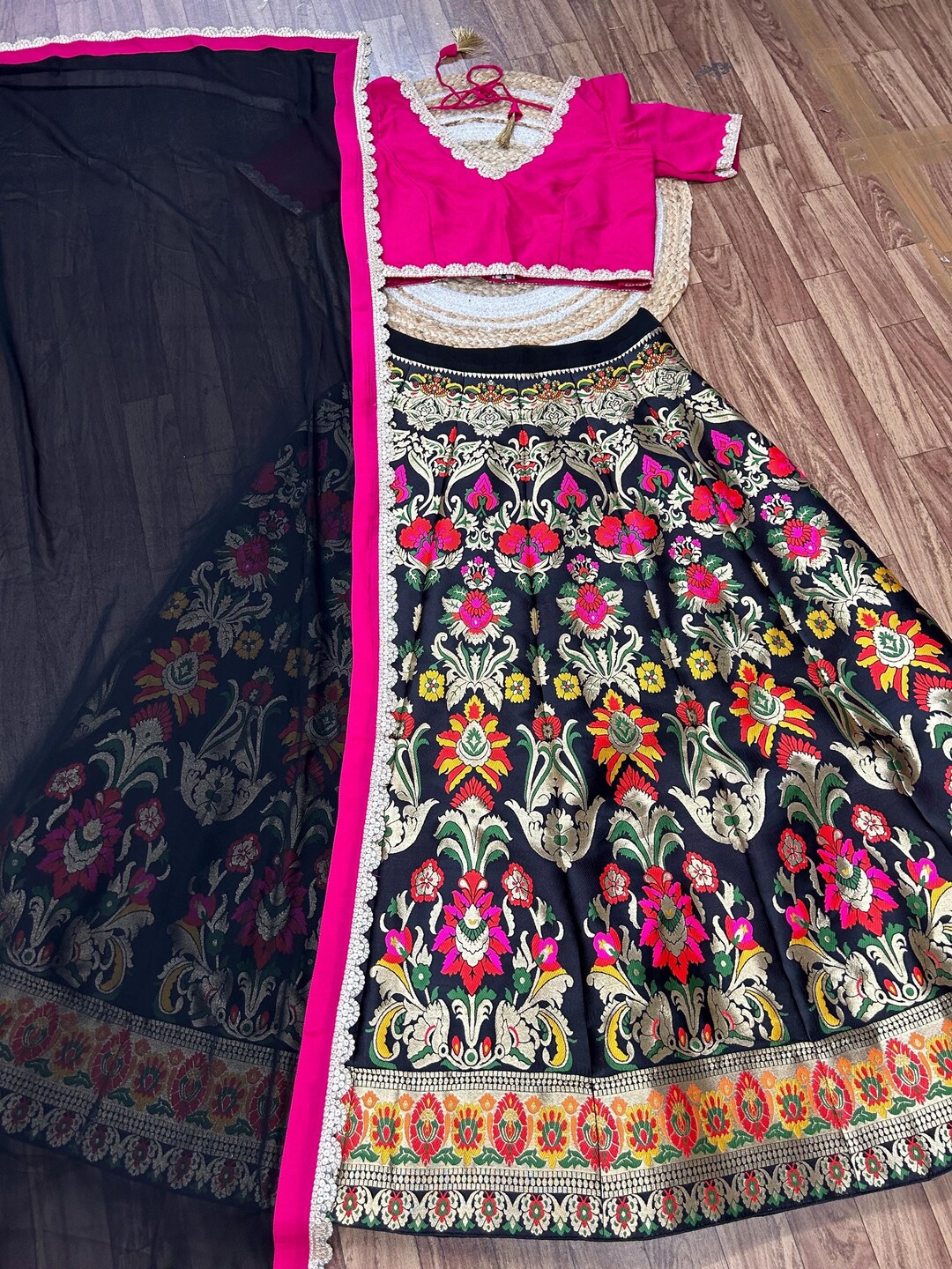 Pink Banarasi Silk Lehenga Choli with Embroidery & Dupatta Luxury Indian Attire - Buy main image 1