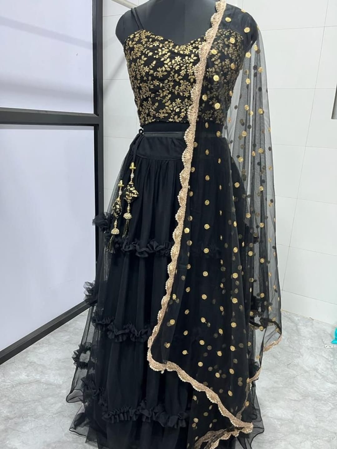 Designer Black Net Ruffle Indian Wedding Bridesmaid Readymade Lehenga ...