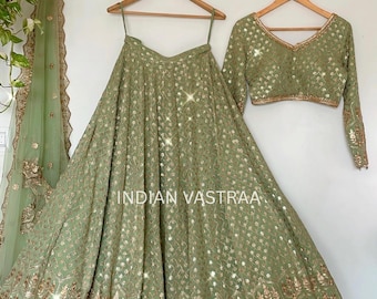Sage Green Embroidered Lehenga Choli Set, Indian Wedding Bridesmaid Festive Wear