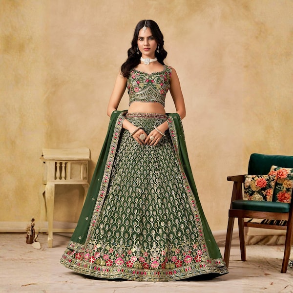 Mehendi Green Embroidered Lehenga Choli, Custom Stitched Indian Wedding Lengha
