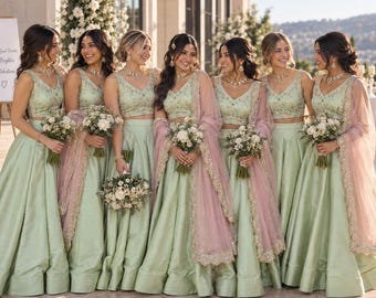 May include: Six individuals wearing matching light green lehengas with sleeveless crop tops and full-length skirts. Each outfit features a sheer, pale pink dupatta with intricate gold embroidery along the edges. They hold bouquets of white flowers.