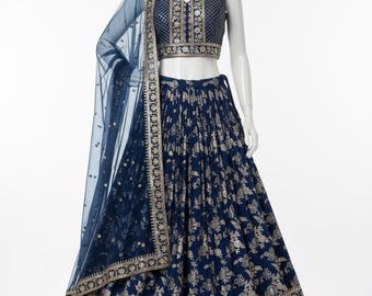 Navy Blue Banarasi Silk Lehenga Choli Set