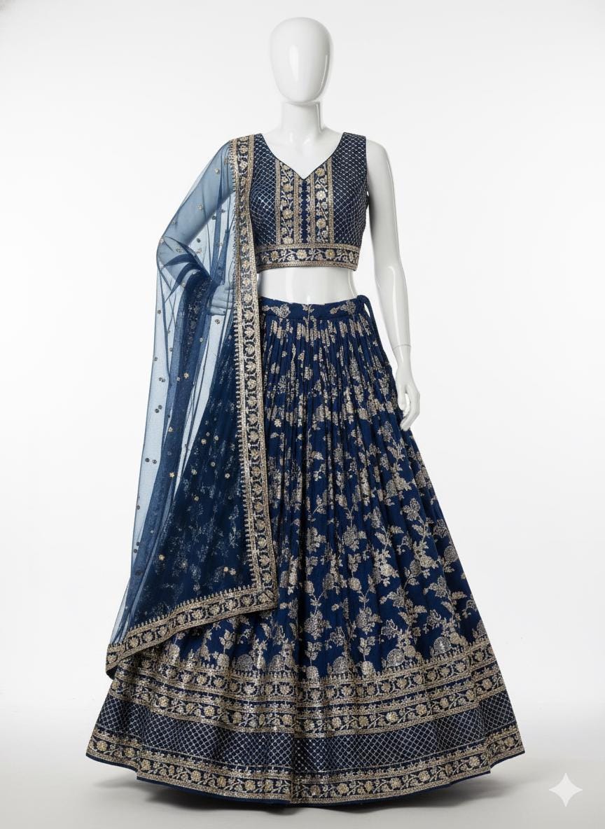 Navy Blue and Gold Lehenga - Etsy