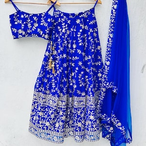 Blue Georgette Lehenga Choli: Indian Wedding Sequin Embroidery Skirt