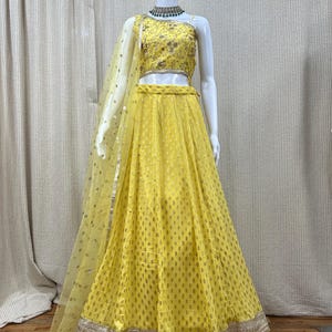 One Shoulder Lehenga Choli in Pale Yellow, Indian Wedding Outfit, Bridesmaid or Sangeet Lehenga, Stylish Ethnic Wear for Women