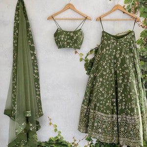 Green lehenga choli for women or girls, georgette ready to wear crop top