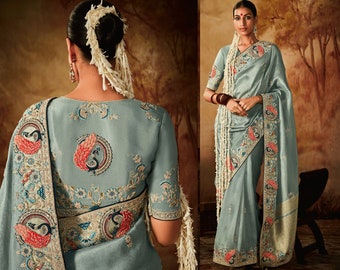 Kanjeevaram Silk Wedding Saree for Women, Sage Blue Manish Malhotra Wedding Saree, Indian Wedding Sarees, Silk Sari with Blouse