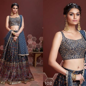 Blue floral printed designer lehenga choli for women or girls indian wedding bollywood style reception bridesmaid lehenga set