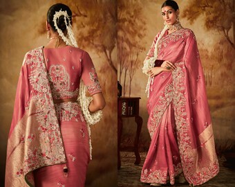 Coral Kanjeevaram Silk Handloom Saree for Wedding, Manish Malhotra Wedding Saree, Indian Wedding Sarees, Silk Sari with Blouse