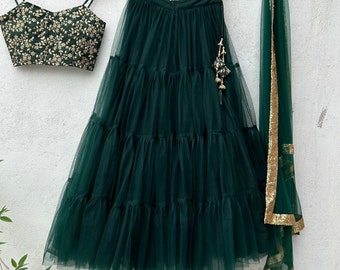 Lehenga Choli Verde: Traje de boda indio con lentejuelas y perlas