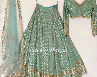Mint Green Embroidered Lehenga Choli Set, Indian Wedding Bridesmaid Festive Wear