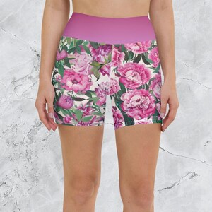 Pink Peony Floral Yoga Shorts