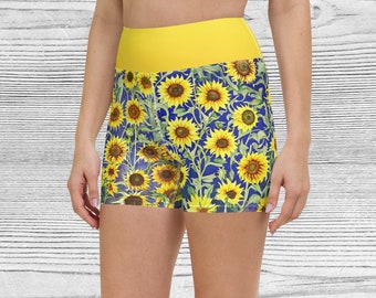 Yellow Sunflower Floral Yoga Shorts