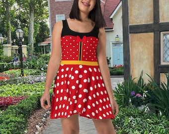 Red And White Polkadot In Black Retro Vintage Style Flare Skater Dress