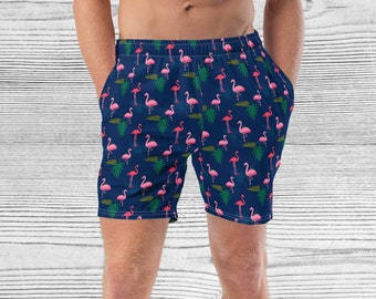Navy Blue Tropical Flamingo Men's Swim Trunks