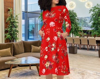 Beautiful Poinsettia Flowers in Red, Christmas Long Sleeve Midi Dress with Pockets