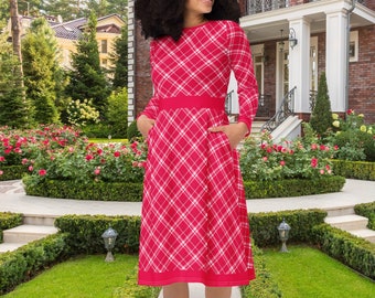 Red Christmas Plaid Retro Vintage Style Long Sleeve Midi Dress
