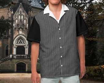 Unisex Retro Black and White Striped Button Shirt with Scary-Cute Pumpkin King Haunted Nightmare Halloween Cosplay Design