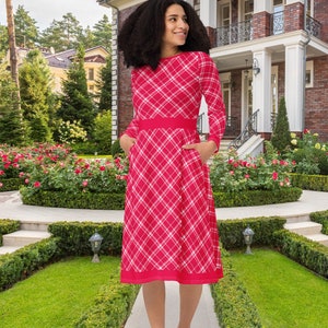 Red Christmas Plaid Retro Vintage Style Long Sleeve Midi Dress